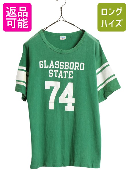 【7/30 24h限定777円OFFクーポン!】 70s USA製 ★ チャンピオン 3段 カレッジ プリント 半袖 フットボール Tシャツ メンズ L 小さめ M ヴィンテージ バータグ ナンバリング 緑| 古着 中古 70年代 70's アメリカ製 Champion シングルステッチ 半袖Tシャツ フットボールTシャ|古着ヴィンテージショップLong his