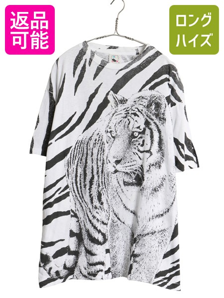 【7/30 24h限定777円OFFクーポン!】 90s タイガー オールオーバー イラスト プリント 半袖 Tシャツ メンズ XL / オールド シングルステッチ アニマル アート 総柄 大きいサイズ| 古着 中古 90's 90年代 虎 動物 グラフィック 半袖Tシャツ プリントTシャツ カットソー クルー｜古着ヴィンテージショップLong his