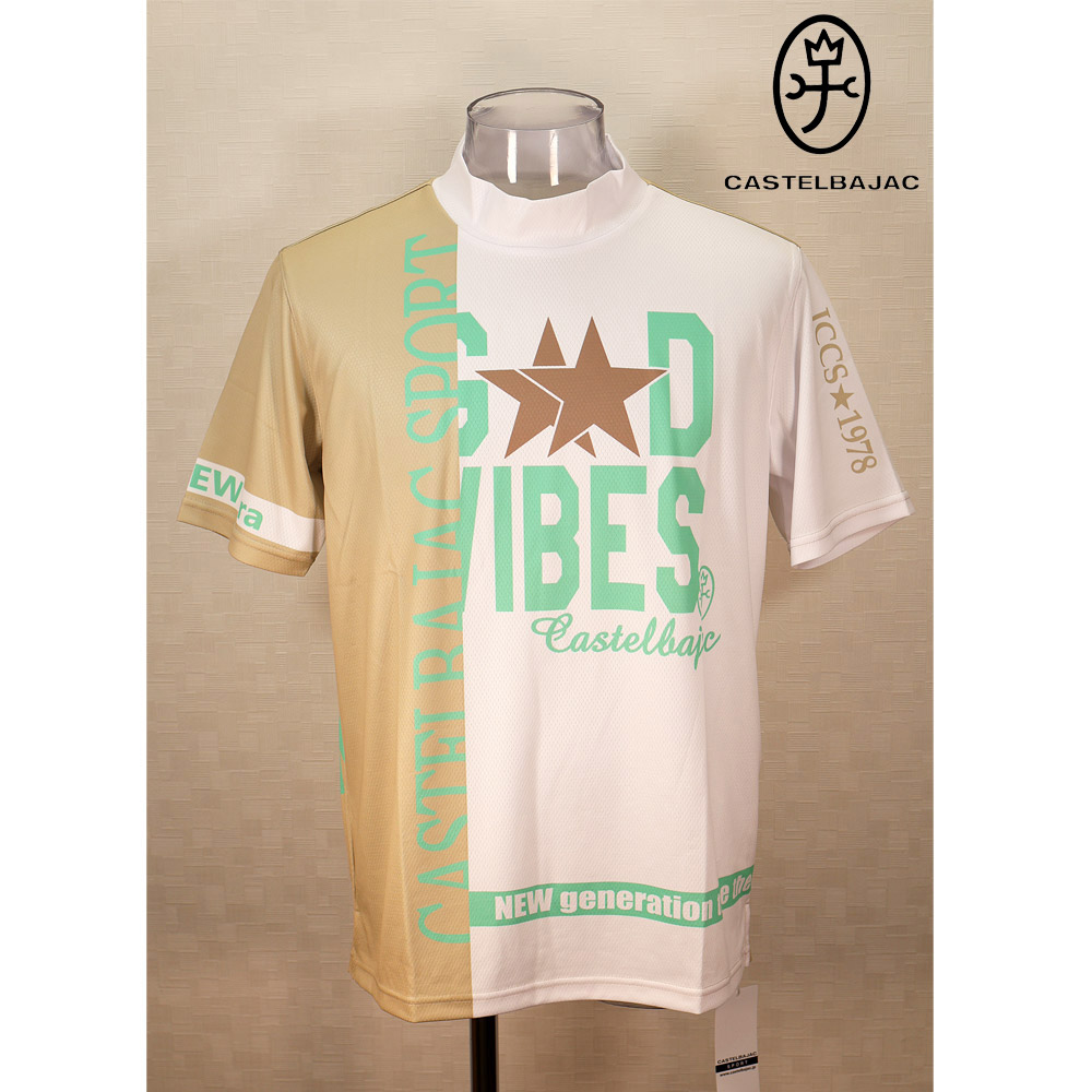 ★２０２４ 春夏 【25周年*002*】５０%OFF・ カステルバジャック【*002*】切替え風ロゴ昇華転写モックネックTシャツ ＜Mサイズ・Lサイズ・LLサイズ＞ベージュ×ホワイト-ba140・ba141・ba142