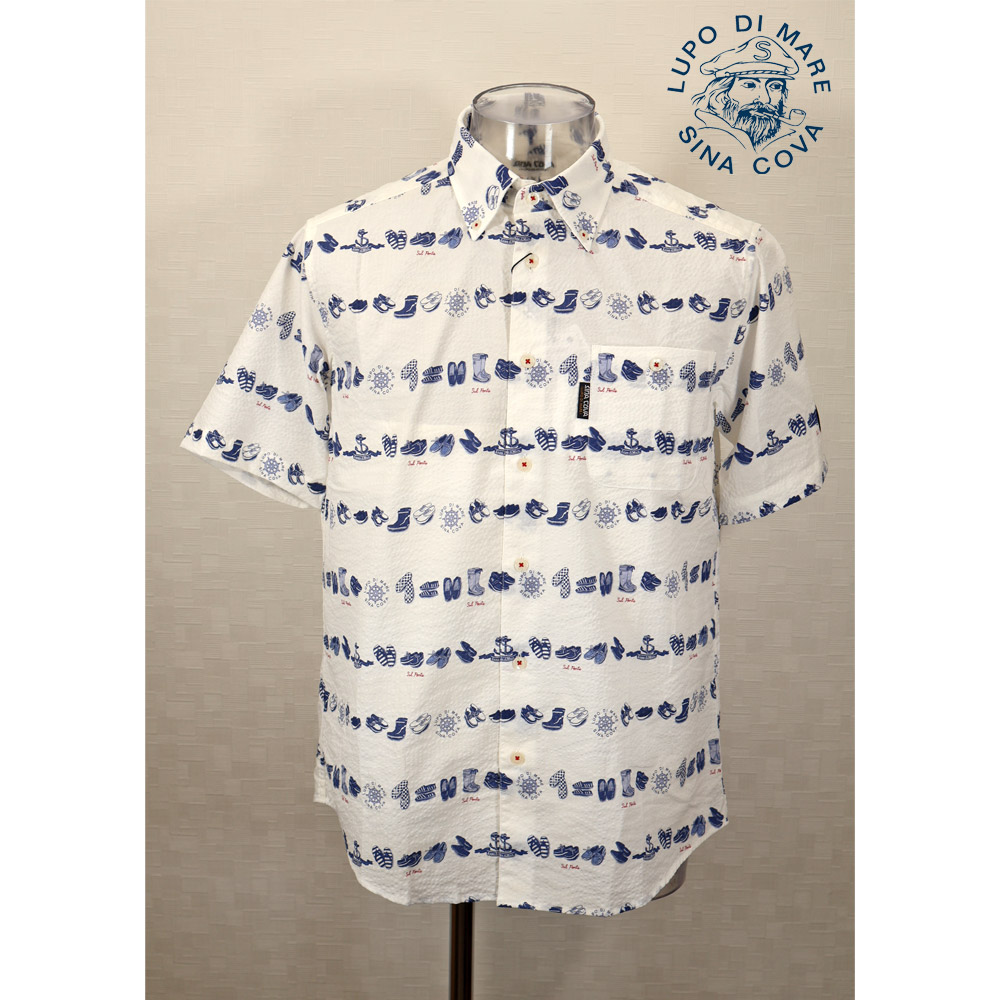 ★シナコバ【*001*】【25周年*001*】50％OFF・春夏半袖ボタンダウンシャツ＜Mサイズ＞ホワイト・ブルー系・プリント柄-kw523