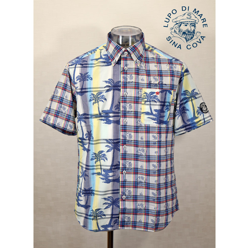 ★シナコバ【*001*】【25周年*001*】50％OFF・春夏半袖アロハシャツ＜Mサイズ＞ブルー×イエロー系-kw520