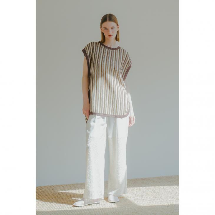 【SALE セール】WHYTO. (ホワイト) | STRIPE OPEN WORK TOPS (brown) | トップス ベスト シンプル お洒落｜北欧雑貨と音楽 HAFEN ハーフェン