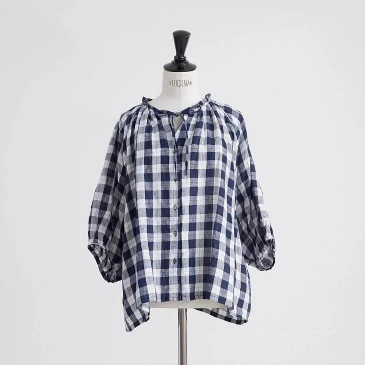 【SALE セール】HEAVENLY (ヘブンリー) | LINEN CHECK FRILLNECK DOLMAN BLOUSE (navy) | リネン チェック フリルネック ドルマン ブラウス