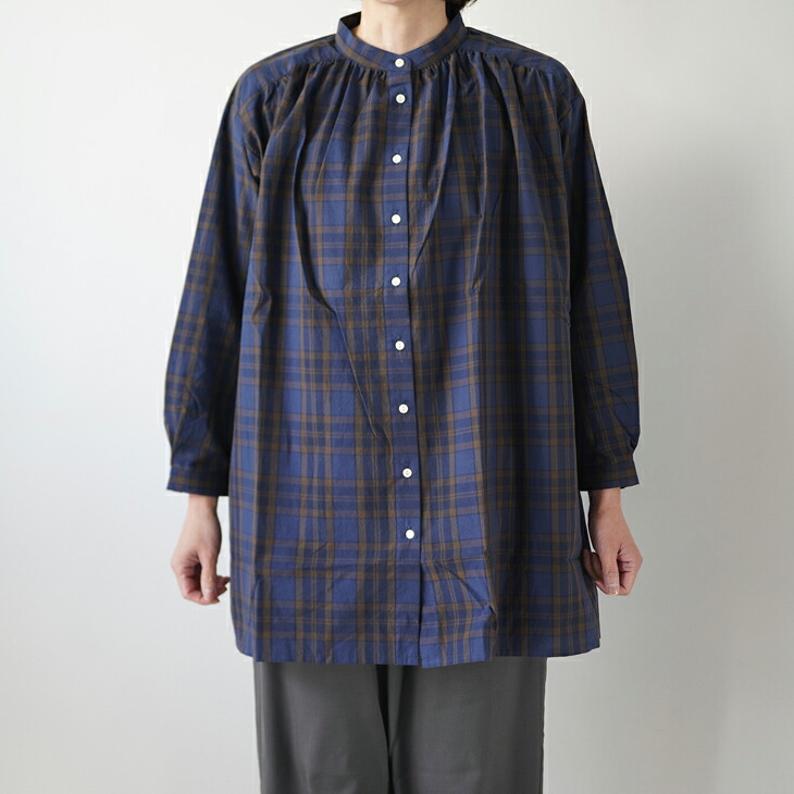 【SALE セール】LUEUF (ルフ) | CHECK BAND COLLAR TUNIC (check navy) | トップス チェック お洒落 ネイビー ブラウン ロング丈 ゆったり 長袖|北欧雑貨と音楽 HAFEN ハーフェン