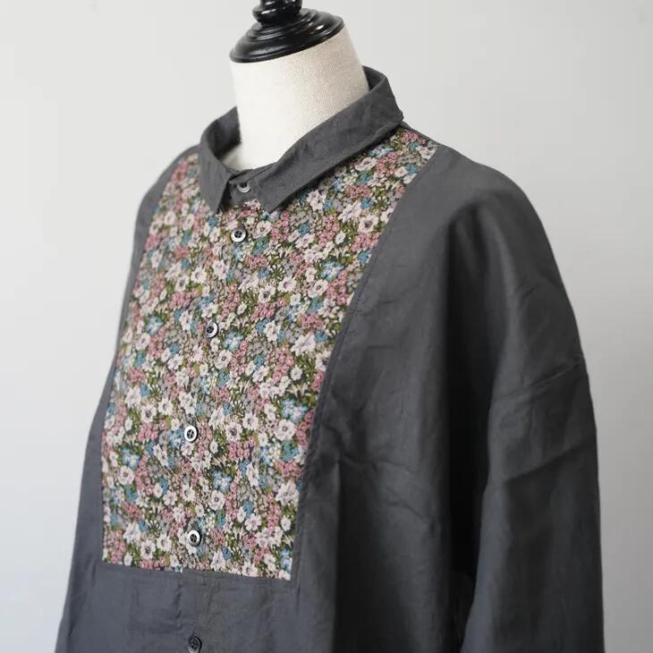 【SALE セール】NARU (ナル) | ビエラワッシャーxビエラベタ小花柄ヨークシャツ (チャコール) | トップス ブラウス