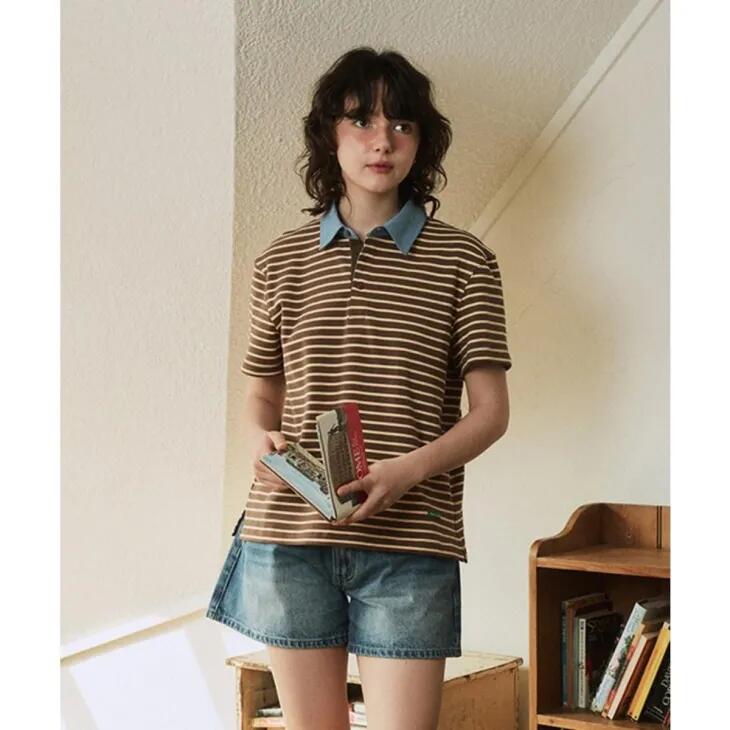 GREEN BUTTER (グリーンバター) | Stripe Polo Tee (brown) size S/M | ストライプポロTシャツ 韓国|北欧雑貨と音楽 HAFEN ハーフェン