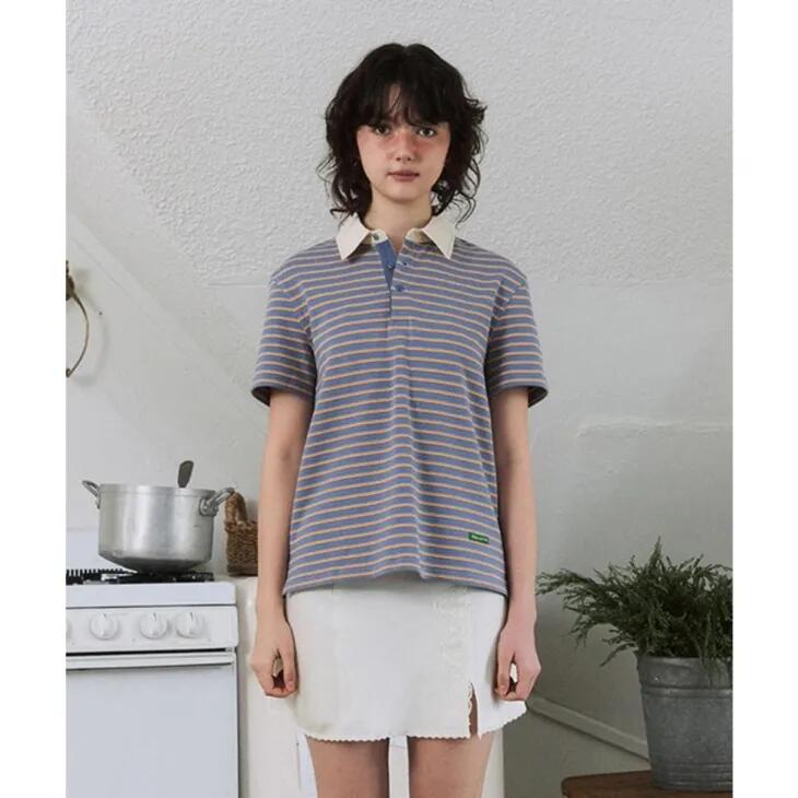 GREEN BUTTER (グリーンバター) | Stripe Polo Tee (light blue) size S/M | ストライプポロTシャツ 韓国｜北欧雑貨と音楽 HAFEN ハーフェン