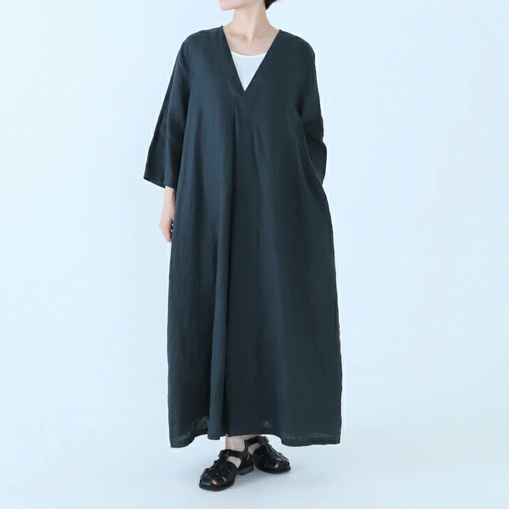 FACTORY (ファクトリー) | 26SS フランスリネン Vネックワンピース (ディープグリーン) size 2 | ドレス 麻 春夏|北欧雑貨と音楽 HAFEN ハーフェン