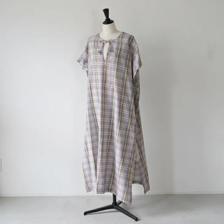 INDIA INDUSTRY | Chandigarh KAFTAN DRESS (white check) size 1 | インディアインダストリー ワンピース ドレス チェック