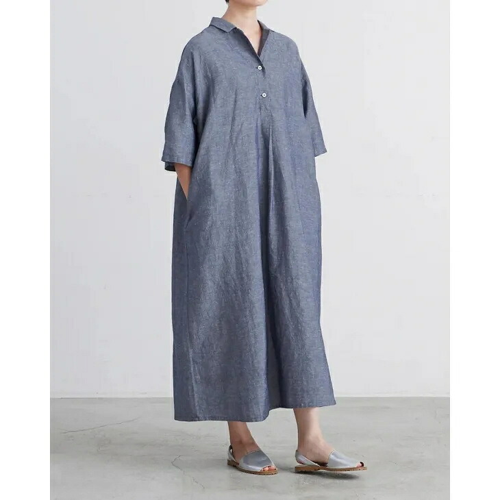HEAVENLY (ヘブンリー) | COTTON LINEN CHAMBRAY OPENCOLLAR ONEPIECE (navy) | レディース ワンピース コットンリネン シャンブレー オープンカラー シャツワンピース ロングワンピース ネイビー ナチュラル｜北欧雑貨と音楽 HAFEN ハーフェン