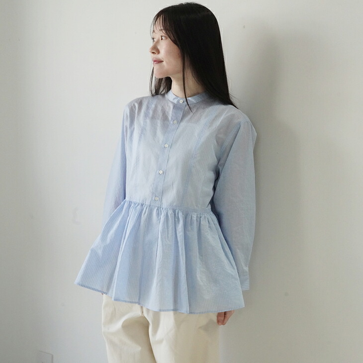 LE GLAZIK | SBB GATHERED FLARED SHIRT (sax x white) size 36 | ル グラジック トップス シャツ ブラウス｜北欧雑貨と音楽 HAFEN ハーフェン