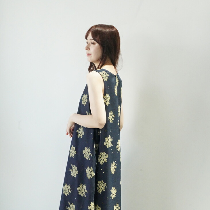 LE GLAZIK | PTO SLEEVELESS DRESS (navy x mimosa) size 36 | ル グラジック ワンピース ドレス ノースリーブ ロングワンピース レディース ネイビー ミモザ柄 ナチュラル 春夏｜北欧雑貨と音楽 HAFEN ハーフェン