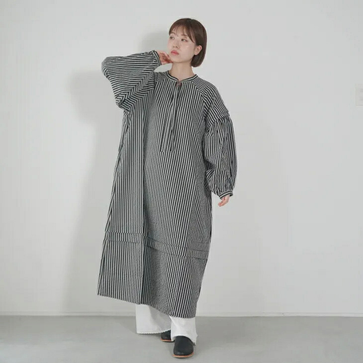 KELEN (ケレン) | SEERSUCKER STRIPE DRESS "AMI" (black) size M | レディース ワンピース ロングワンピース シャツワンピース シアサッカー ストライプ 長袖 ゆったり ブラック 黒 コットン 綿 ナチュラル シンプル 大人カジュアル|北欧雑貨と音楽 HAFEN ハーフェン