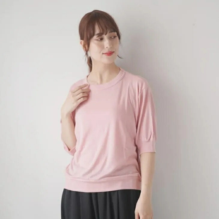 MANON (マノン) | WOOL MIX COOL GATHER SLEEVE TEE (pink) size 0 | レディース Tシャツ カットソー ギャザースリーブ 半袖 サマーウール ウール混 クルーネック ゆったり ピンク ナチュラル カジュアル 日本製 春夏｜北欧雑貨と音楽 HAFEN ハーフェン