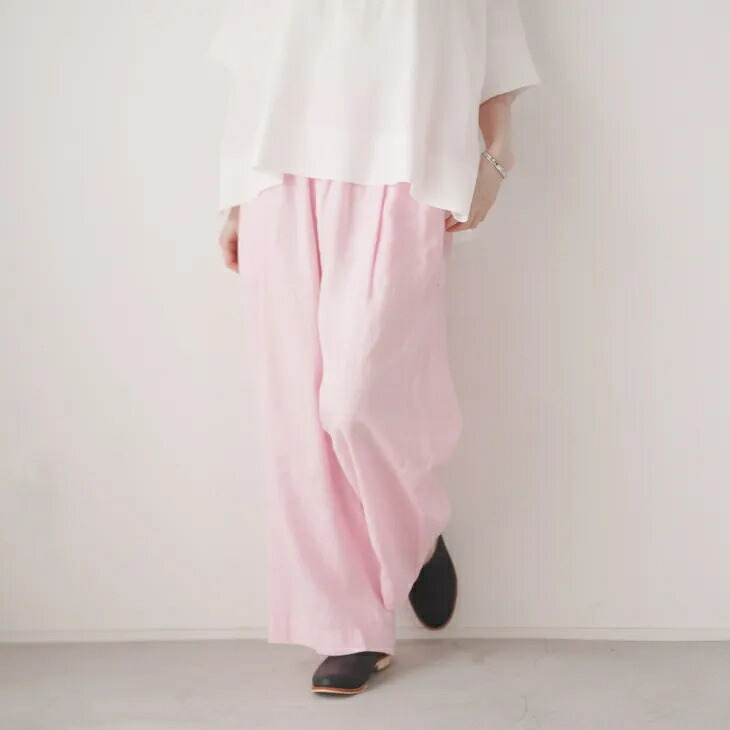 MANON (マノン) | LINEN TWO TUCK EASY PANTS (pink) size 0 | レディース ワイドパンツ イージーパンツ 2タック タックパンツ リネン 麻 ウエストゴム ゆったり ピンク ナチュラル カジュアル 日本製 春夏｜北欧雑貨と音楽 HAFEN ハーフェン