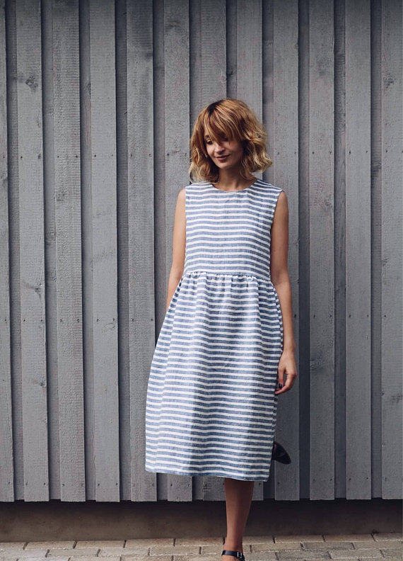 リトアニアのoffonからナチュラルなリネン ドレス Blue Dress Linen Sleevless Linen リネン Stripe 着丈90cm Blue リネン リトアニア Offon ワンピース 麻 北欧 東欧 北欧雑貨と音楽 Hafen ハーフェン