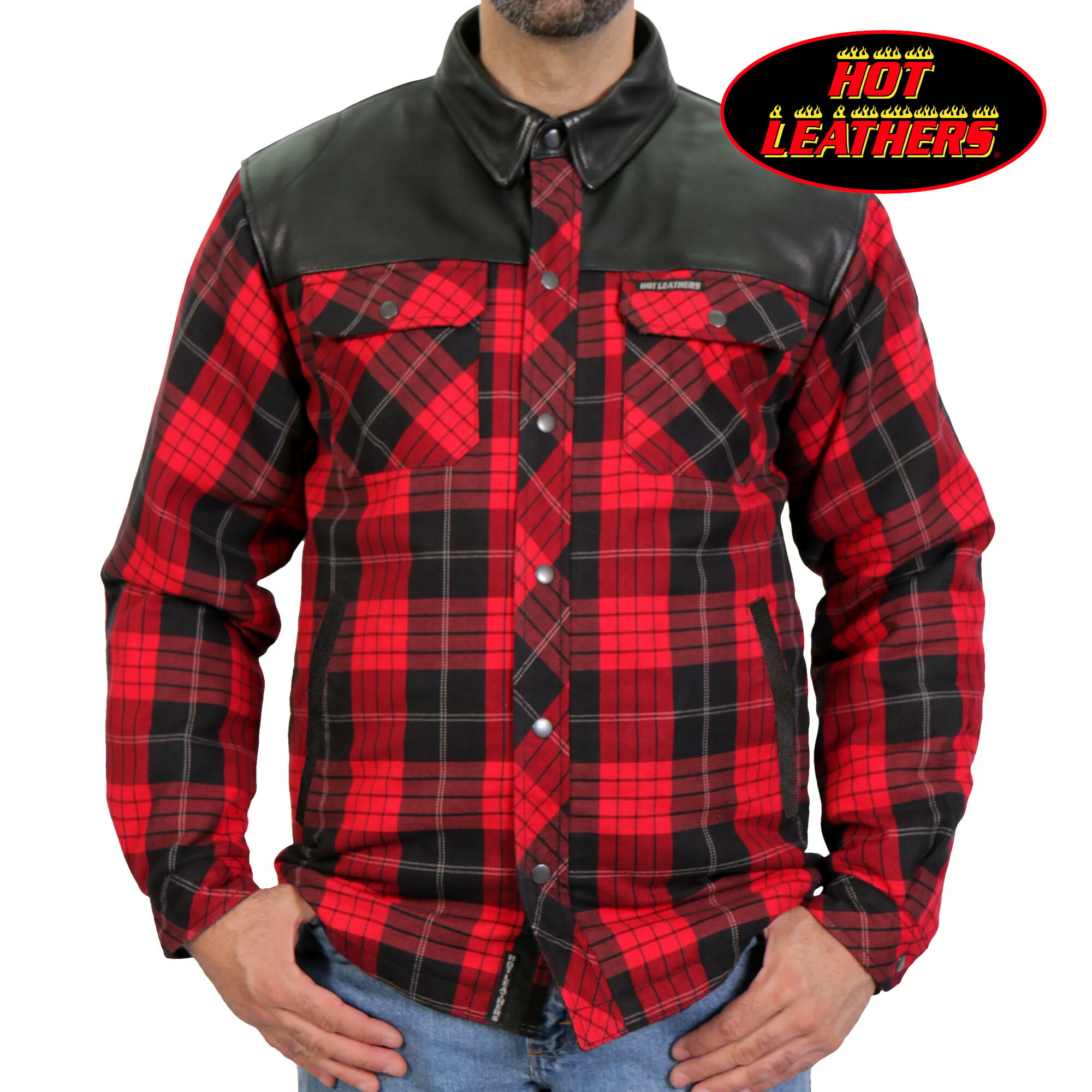 日本未発売! セール価格! ホットレザー [MEN'S MOTORCYCLE STYLE RED AND BLACK LEATHER AND PLAID FLANNEL BIKER SHIRT] メンズ レザー ブラック＆レッド モーターサイクルスタイルバイカーシャツ! 本革 黒 米国直輸入! 大きいサイズ! 2XL,3XLサイズ｜ハーレーカスタマージャパン 23,083円