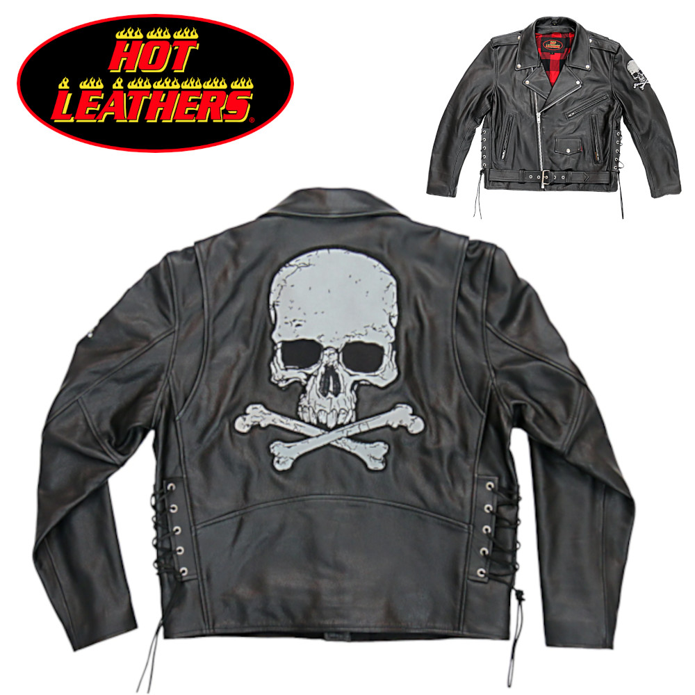 楽天市場】日本未発売! セール価格! ホットレザー [Skull and Crossbones Motorcycle Leather Jacket]  スカル＆クロスボーンモーターサイクルレザージャケット! 背中と袖の上部に刺繍! 本革 ブラック 黒 米国直輸入! 大きいサイズ! 58～60インチ :  ハーレーカスタマージャパン