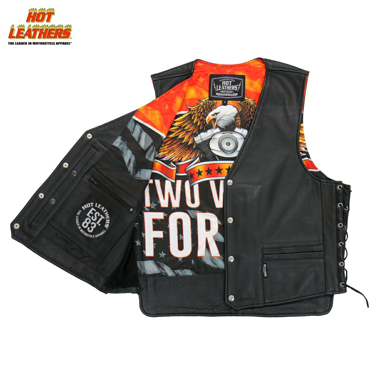 Hot Leathers バイク レザーベスト 本革 牛革 [V-Twin Eagle Liner Vest] イーグル Vツイン エンジン柄裏地 5ポケット ウエスト調節可能 両脇編み上げ サイドレース シルバースナップボタン ブラック バイカー 黒 メンズ 米国ホットレザー 直輸入 大きいサイズ｜ハーレーカスタマージャパン