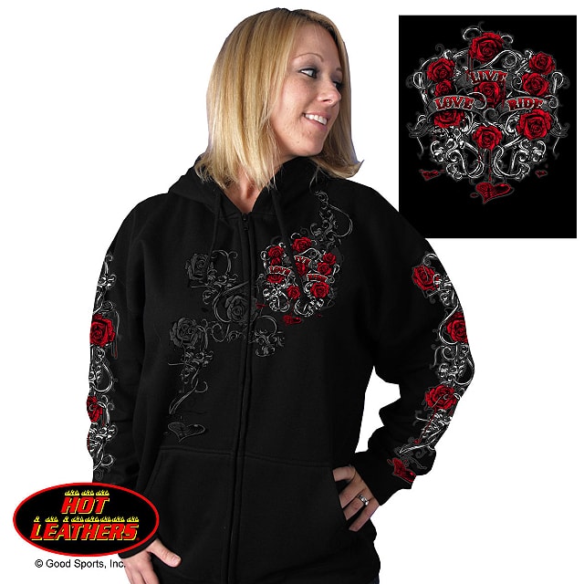 日本未発売! セール価格! ホットレザー [Live, Love, Ride and Roses Zipper Hoodie] リブ・ラブ・ライド・アンド・ローゼス・ジッパー・フーディー! スウェット パーカー ジップアップ 長袖 米国直輸入! 薔薇 レディース ブラック 黒 バイクに!｜ハーレーカスタマージャパン