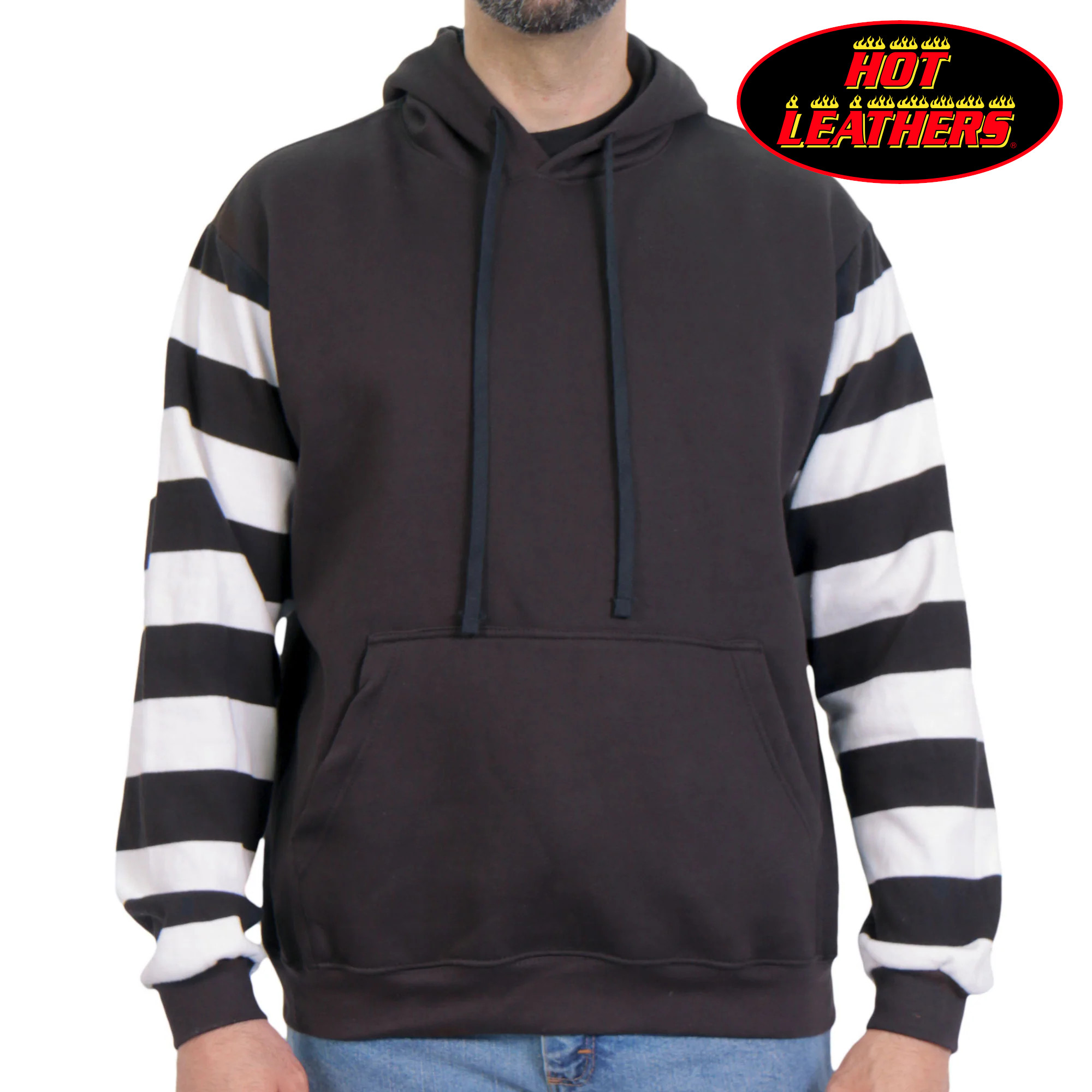 日本未発売! セール価格! ホットレザー [Stripped Sleeve/ Black Body Hoodie] ストライプスリーブ/ブラックボディパーカー! プルオーバー Hoodie 長袖 米国 HOTLEATHERS 直輸入! ブラック ホワイト 黒 白 バイクに!｜ハーレーカスタマージャパン
