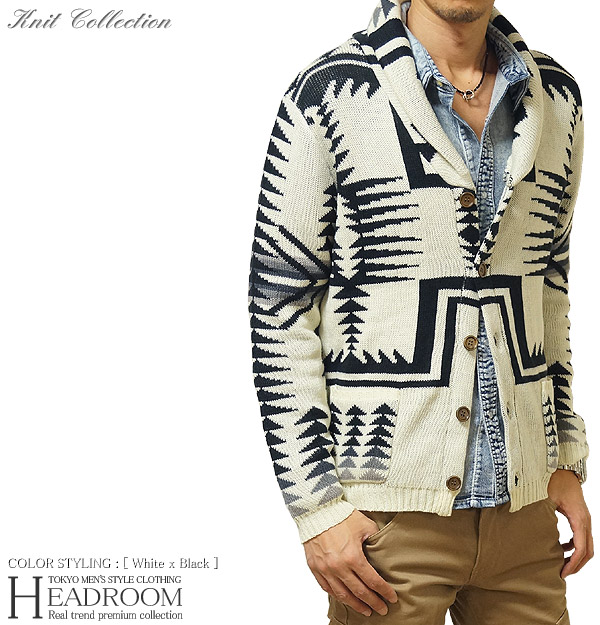 【楽天市場】カーディガン メンズ ネイティブ オルテガ柄 ダブル ジャガード織 ショールカラー ニット ジャケット セーター：HEADROOM