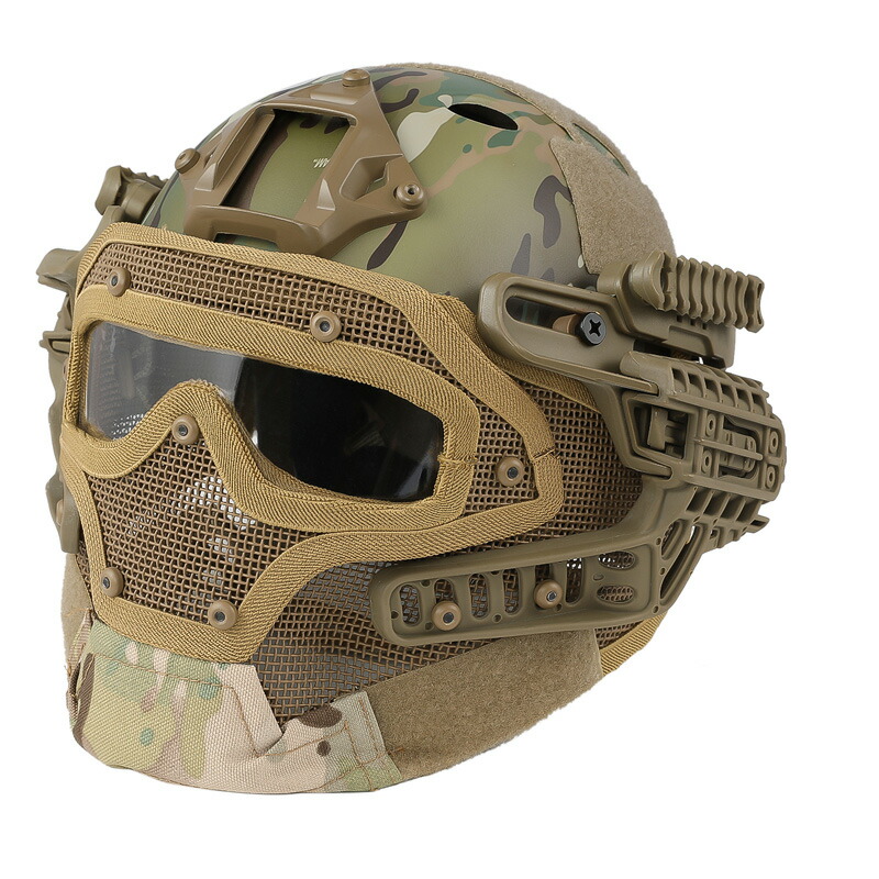 WoSporTタクティカルヘルメットメッシュマスク付TAN