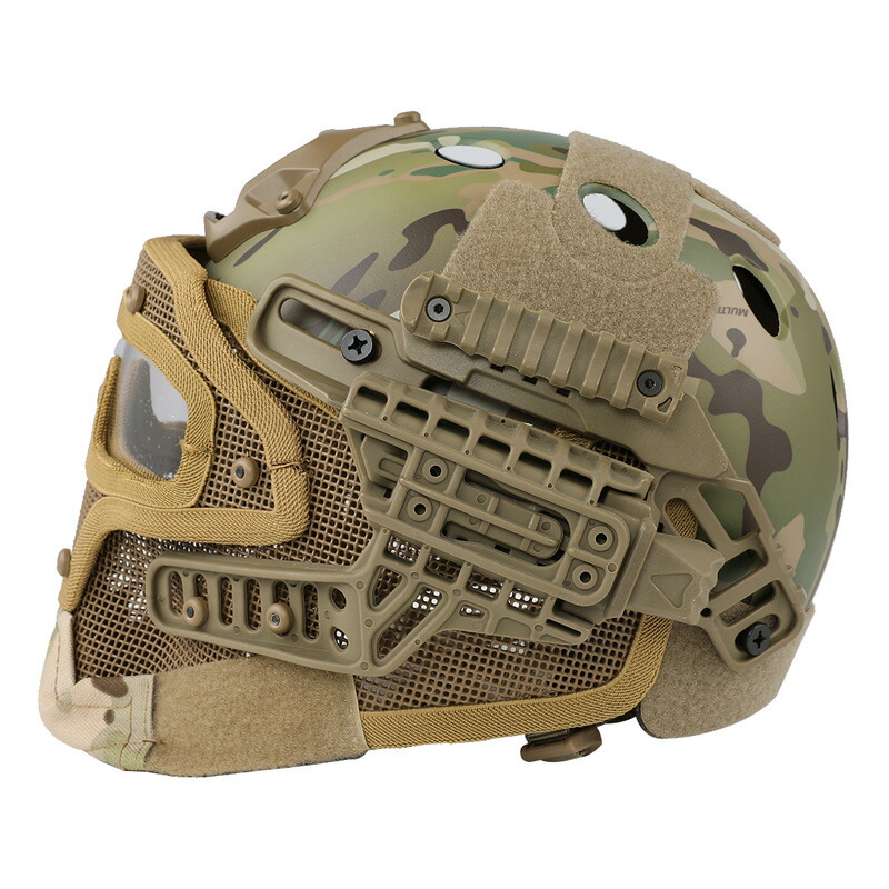 WoSporTタクティカルヘルメットメッシュマスク付TAN