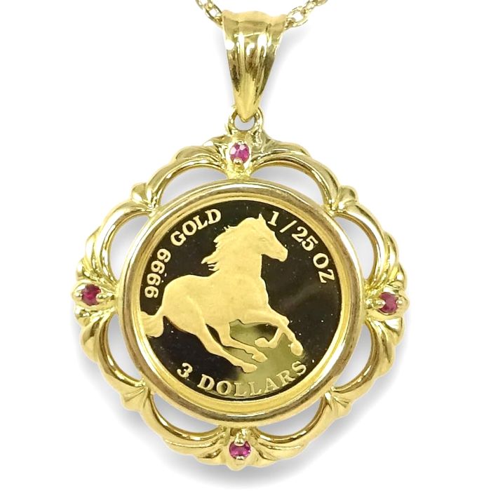 純金ツバルホースコイン 1/25オンス 天然ルビー4石入り ペンダントネックレス2022年 24金9999GOLD 1/25oz 3DOLLARS QUEEN ELIZABETH/ 11101013＜br /＞【送料無料】【レディース,激安,特価,通販】