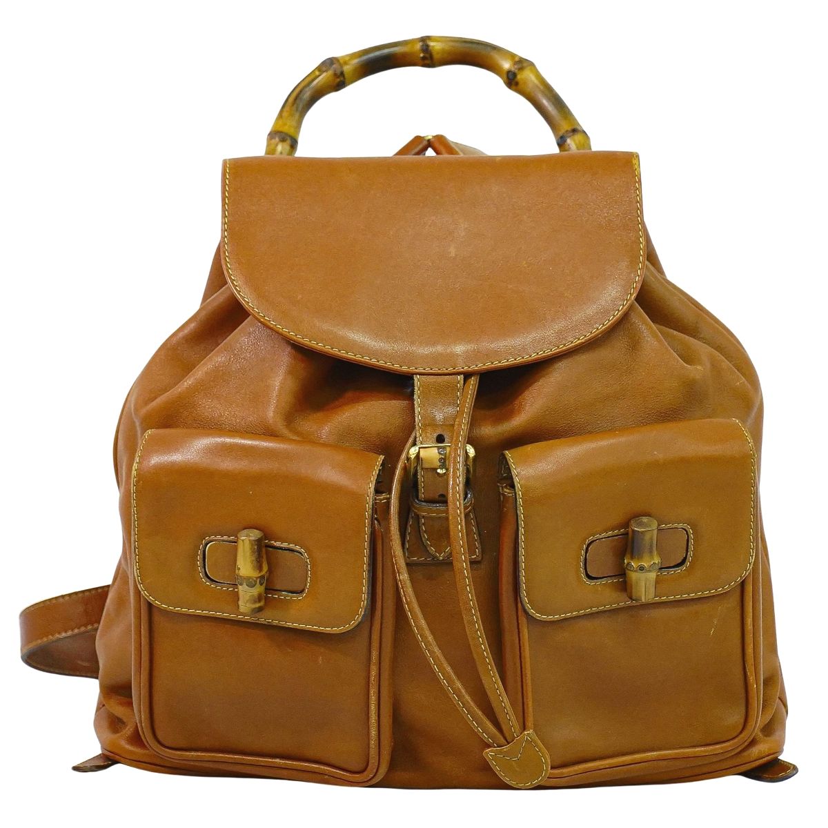 本物 グッチ GUCCI バンブー リュックサック バックパック レザー ブラウン Bamboo バッグ 中古・