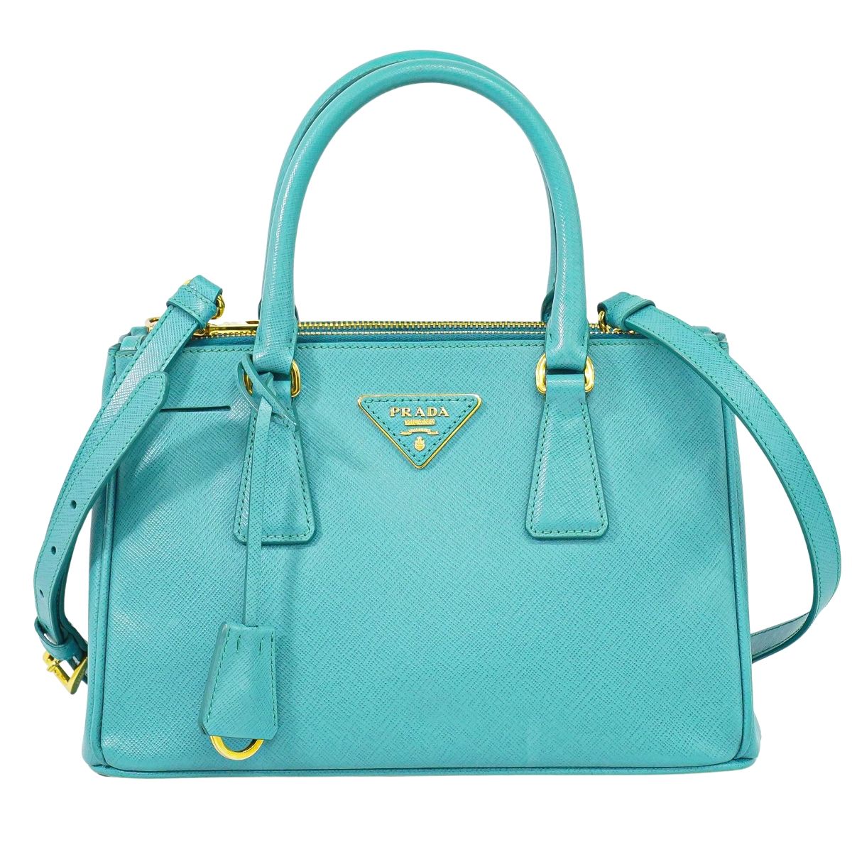 本物 プラダ PRADA サフィアーノ なめし革 2WAY ショルダーバッグ ハンドバック ポシェット ターコイズブルー BN2316 御徒面子 中古・