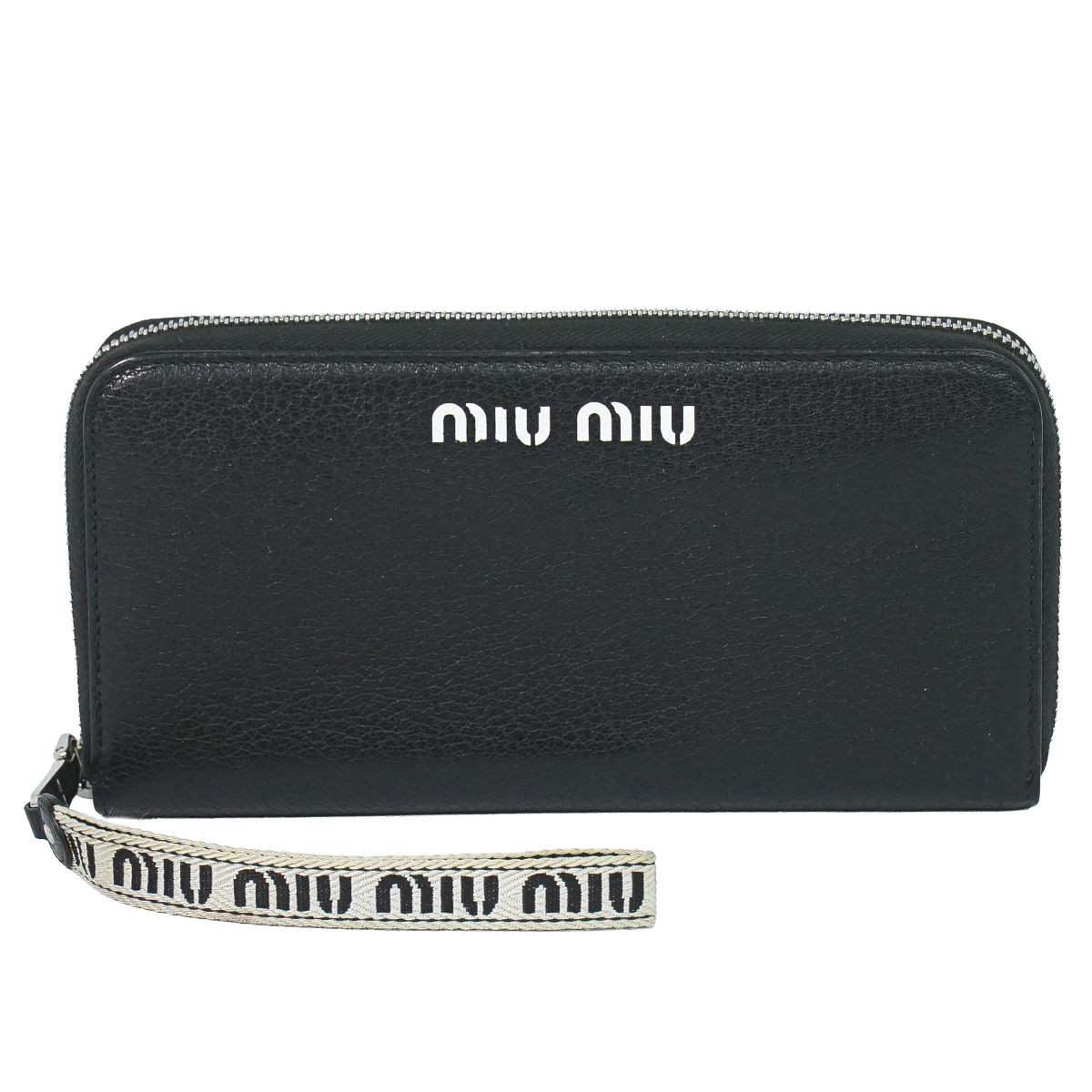本物 ミュウミュウ MIU MIU マドラス 運動競技 ラウンドジッパー 長紙入れ ロングウォレット なめし革 黒いこと 紙入れ ウォレット 中古・