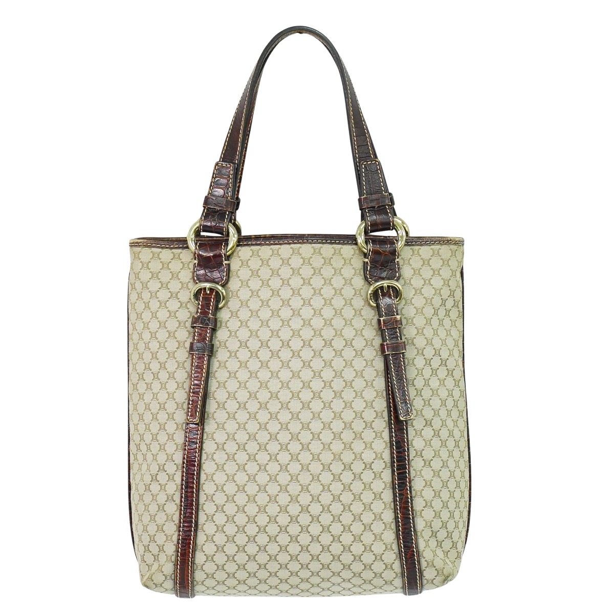本物 セリーヌ CELINE マカダム トートバッグ ハンドバッグ キャンバス レザー ベージュ ブラウン Macadam バッグ 中古・