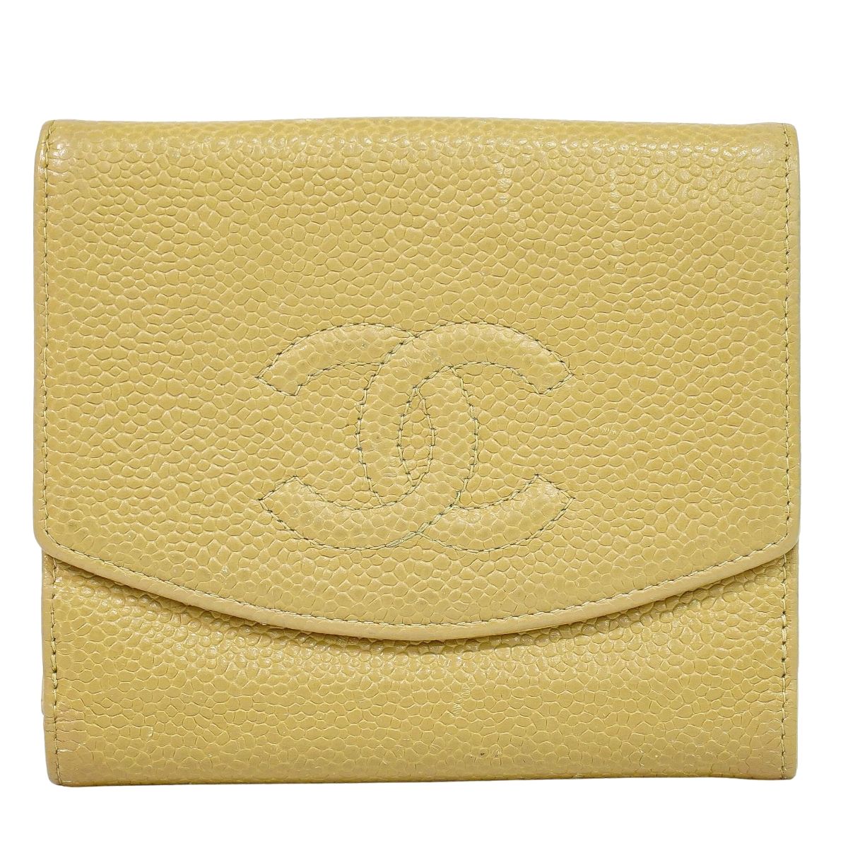 本物 シャネル CHANEL ココマーク 二つ折り 折紙入れ コンパクトウォレット キャビア人はだ なめし革 ベージュ Coco Mark 紙入れ ウォレット 中古・