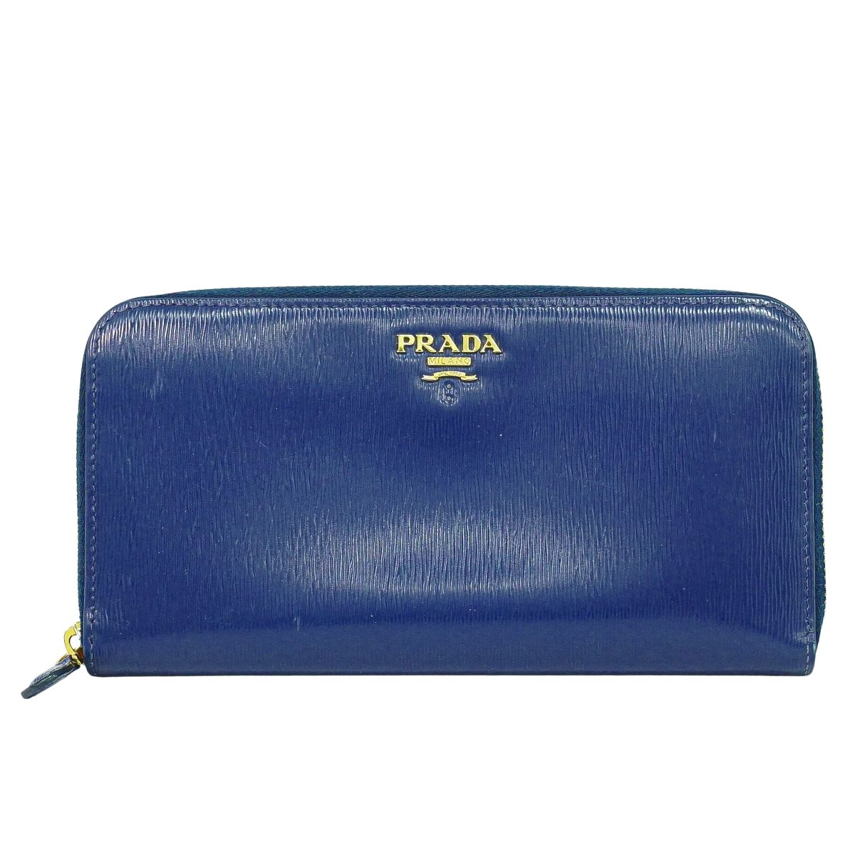 本物 プラダ PRADA サフィアーノ なめし革 ラウンドジッパー 長紙入れ ロングウォレット 青み Saffiano 紙入れ ウォレット 中古・