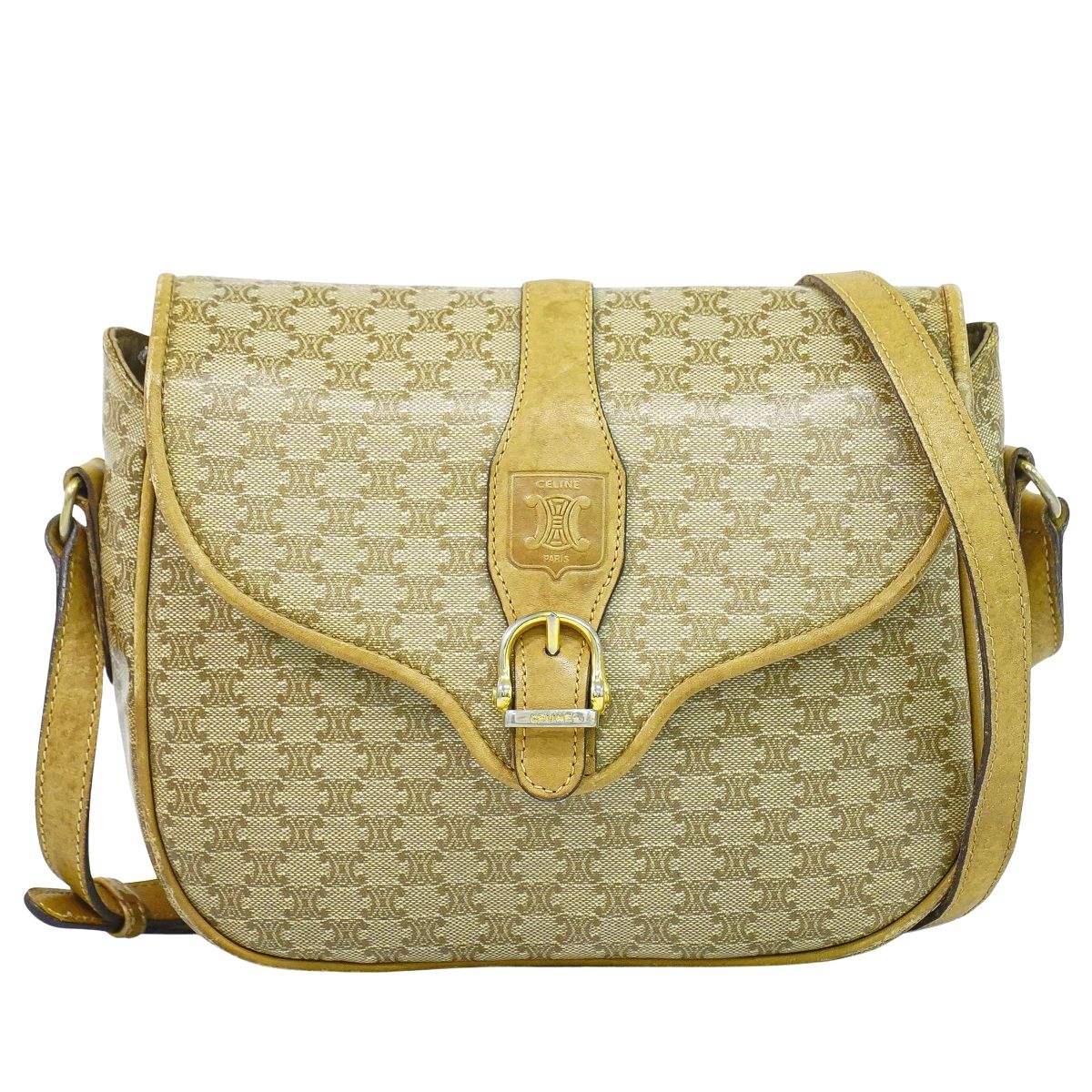 本物 セリーヌ CELINE マカダム ショルダーバッグ ポシェット PVC ベージュ Macadam 御徒面子 中古・