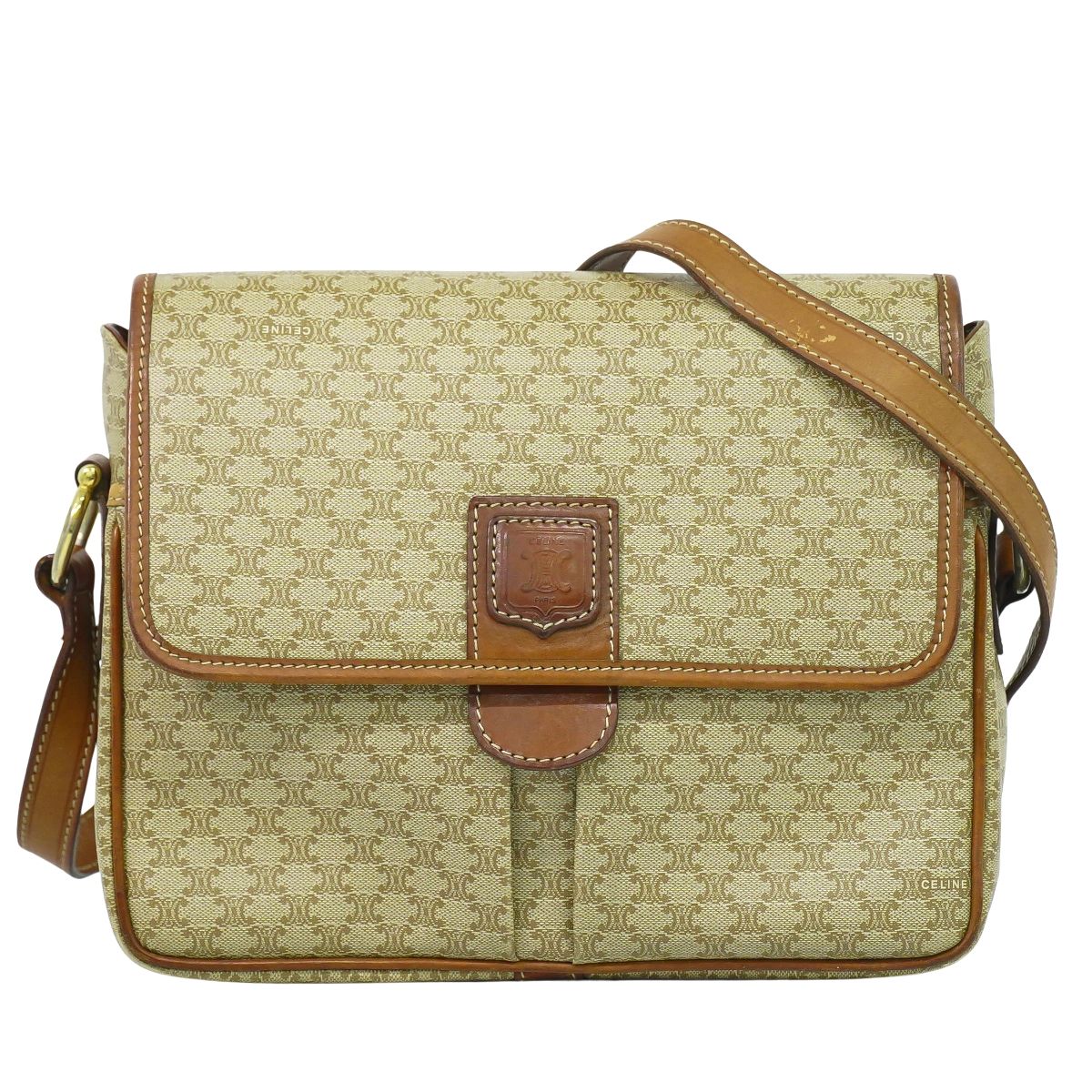 本物 セリーヌ CELINE マカダム ショルダーバッグ ポシェット PVC ベージュ Macadam バッグ 中古・