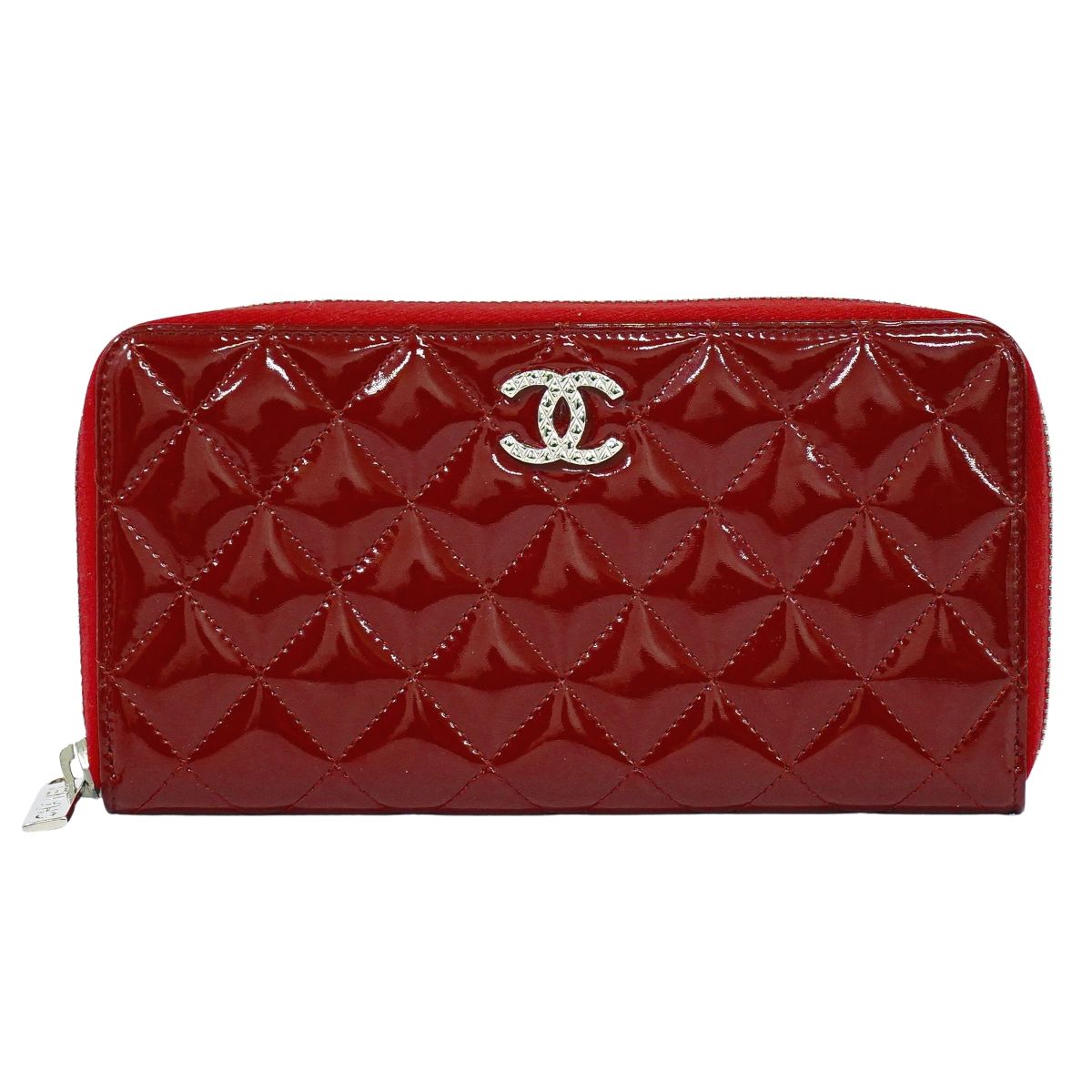 本物 シャネル CHANEL ココマーク マトラッセ ラウンドジップ 長紙入れ ロングウォレット 専売特許 なめし革 赤いこと Matelasse 紙入れ ウォレット 中古・