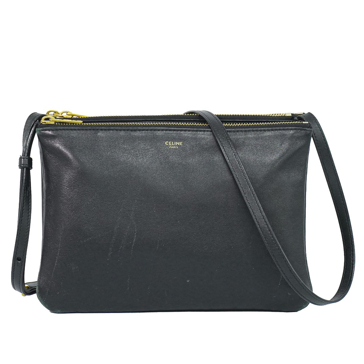 本物 セリーヌ CELINE 3重協奏曲 ラージ ショルダーバッグ ポシェット なめし革 黒いこと Trio 御徒面子 中古・