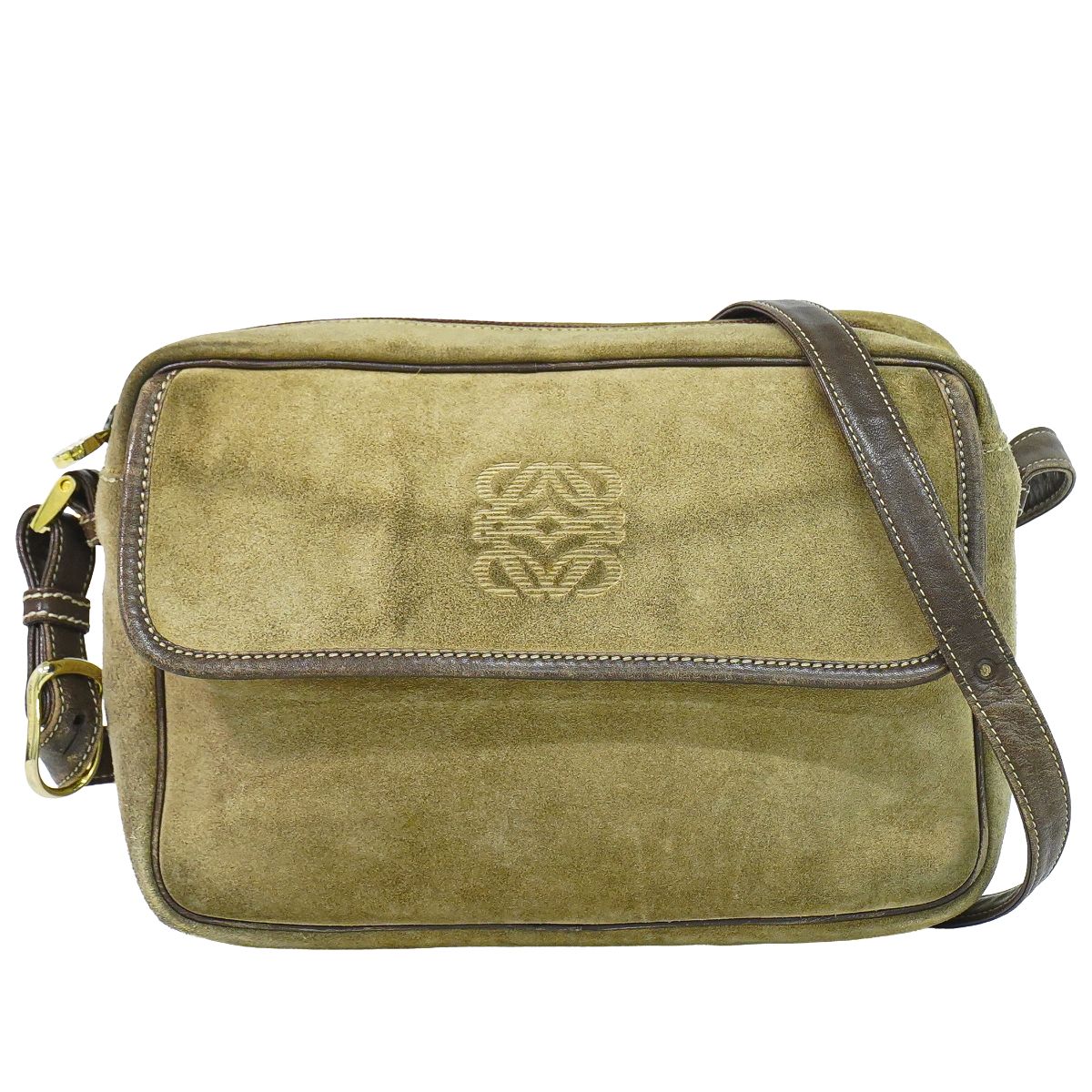 本物 ロエベ LOEWE アナ瓦 ショルダーバッグ ポシェット スエードクロス なめし革 ベージュ Anagram 御徒面子 中古・