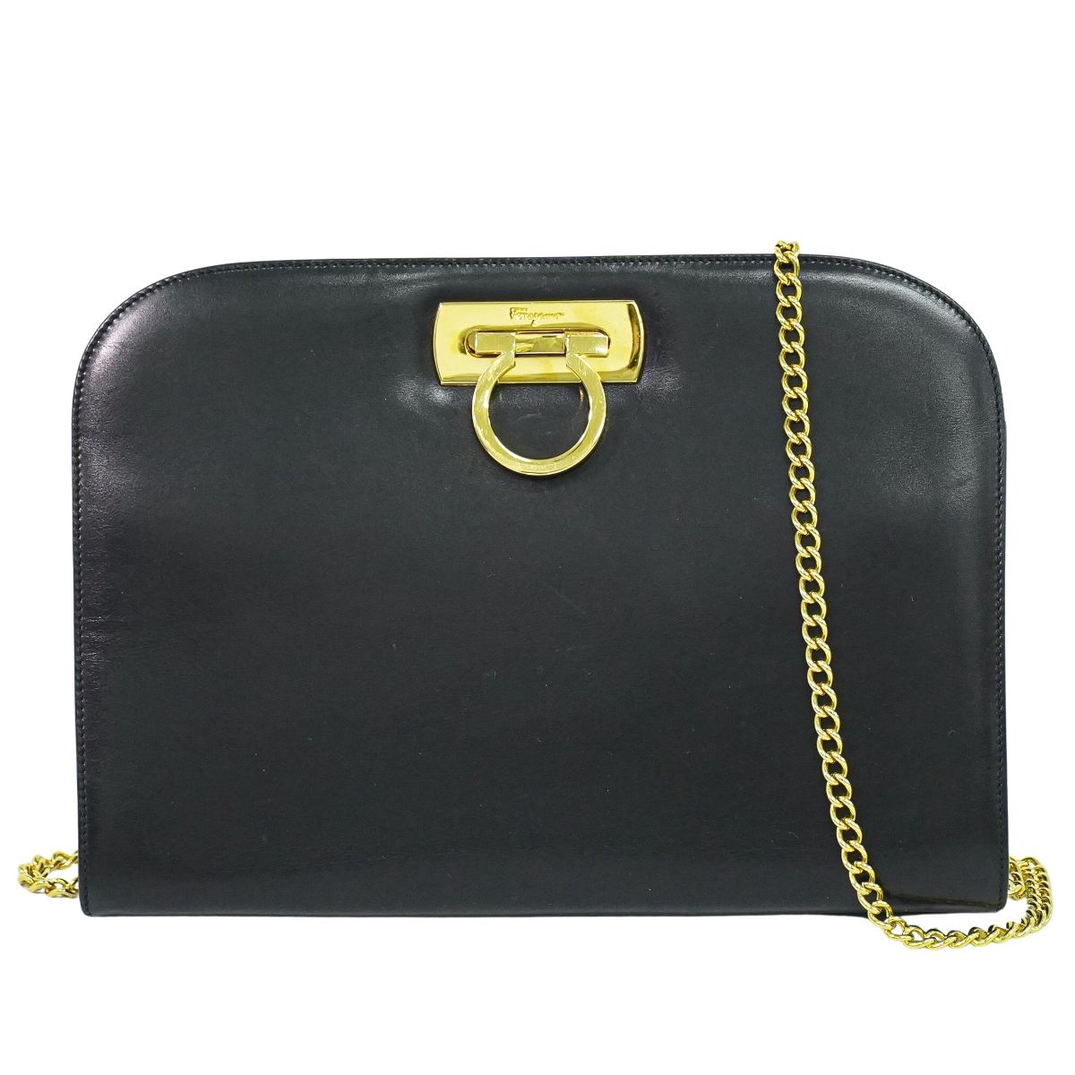 本物 サルヴァトーレ フェラガモ Salvatore Ferragamo ガンチーニ チェーン ショルダーバッグ ポシェット レザー ブラック Gancini バッグ 中古・