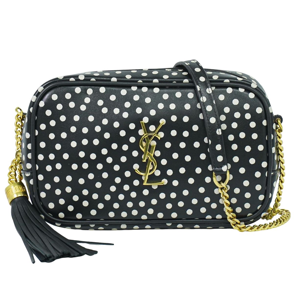 本物 サンローラン SAINT LAURENT ルー タッセル ドット チェーン ショルダーバッグ ポシェット レザー ブラック ホワイト 612563 Lou バッグ 中古・