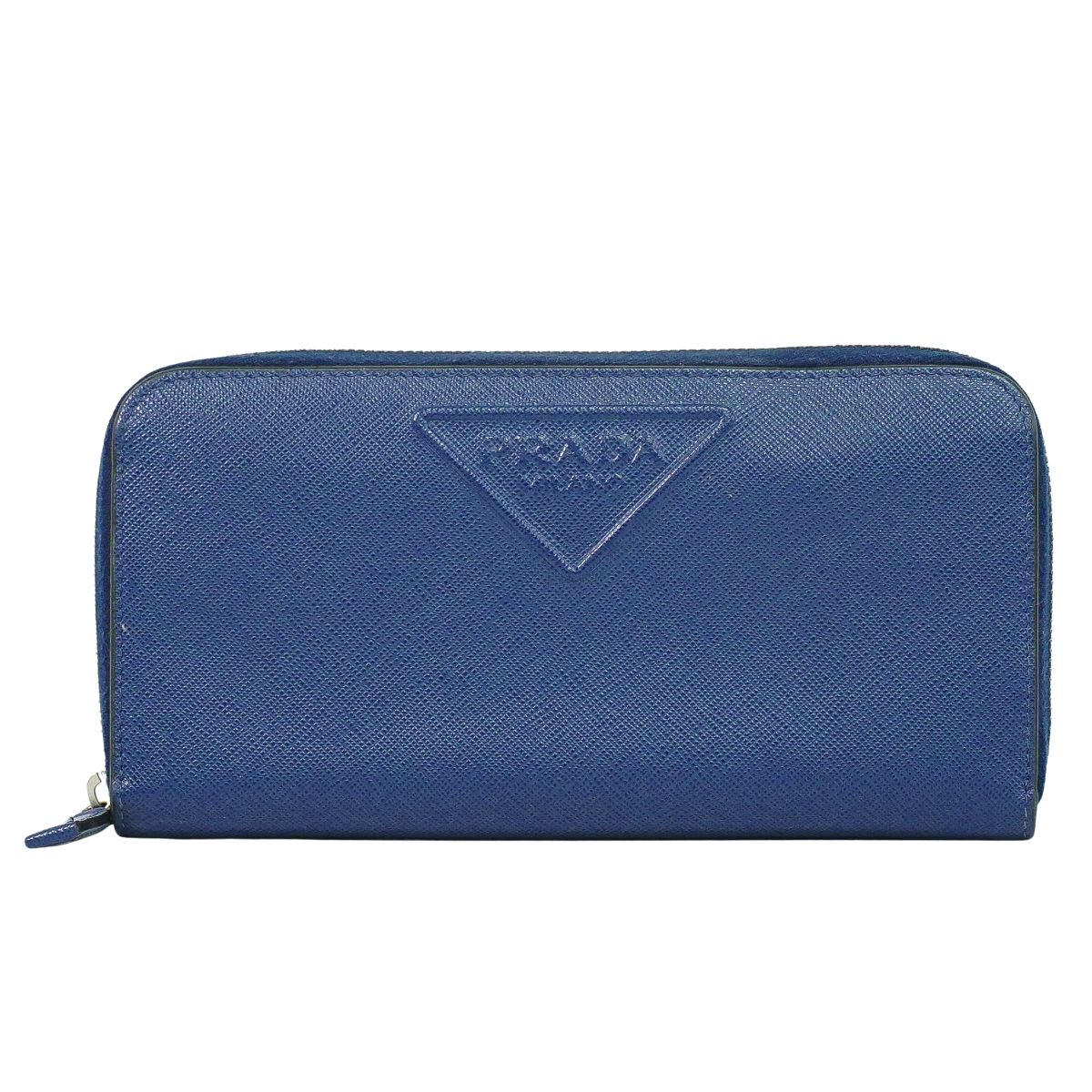 本物 プラダ PRADA レザー ラウンドファスナー 長財布 ロングウォレット ブルー 財布 ウォレット 中古・