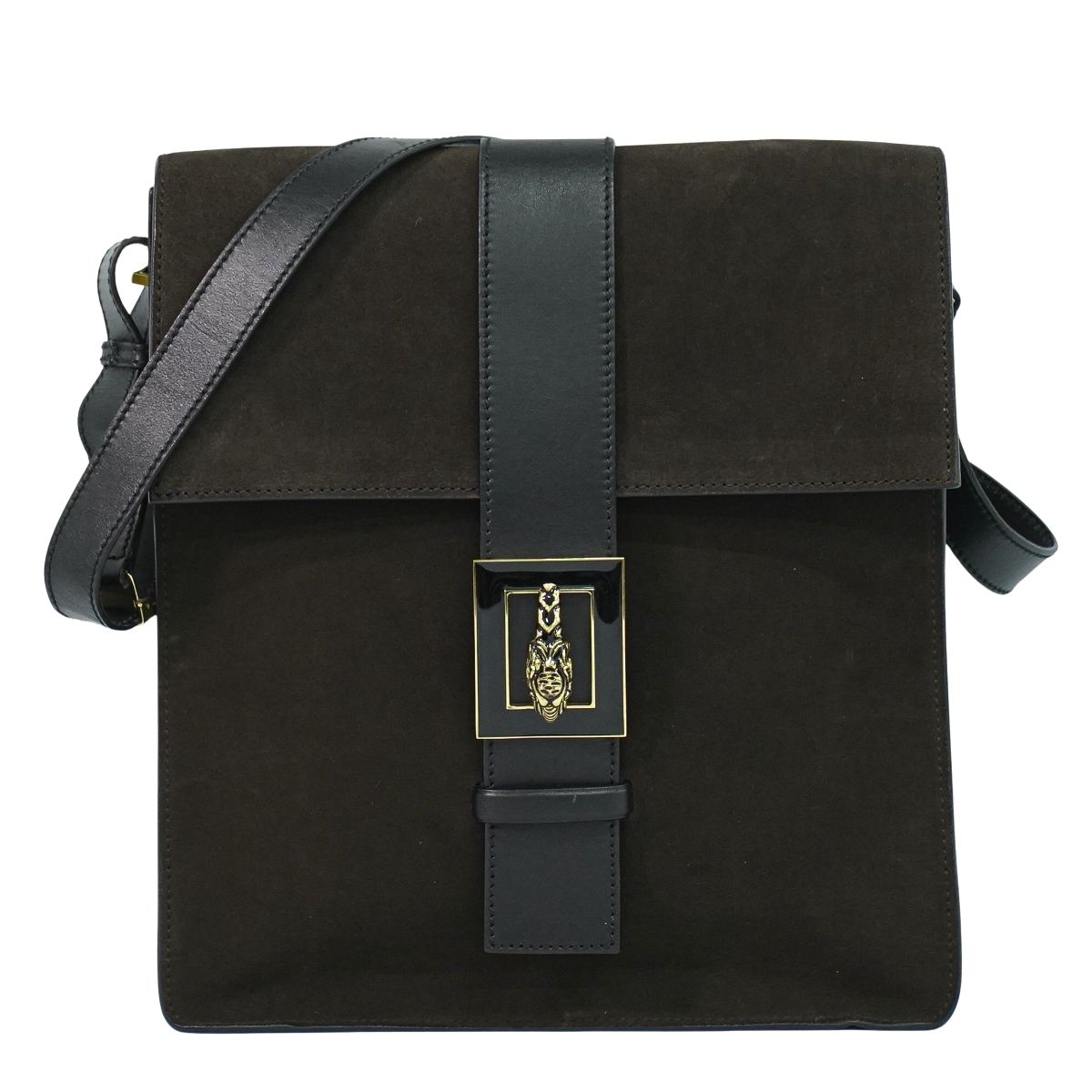 本物 グッチ GUCCI タイガーヘッド ショルダーバッグ スエードレザー レザー ブラウン ブラック 001364 バッグ 中古・