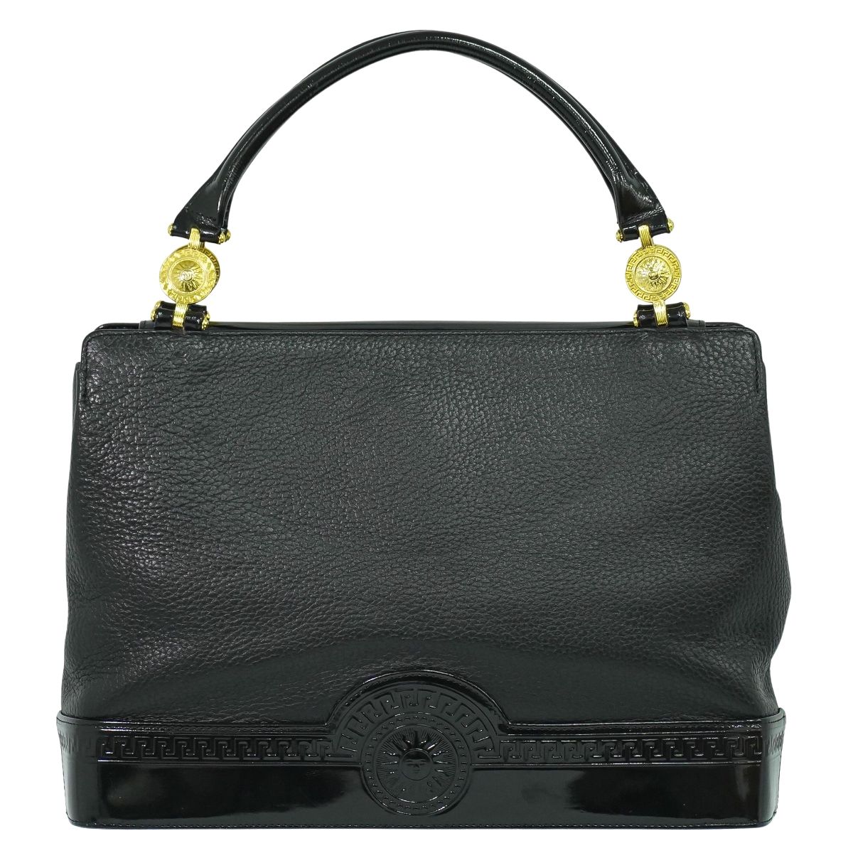 本物 ヴェルサーチ VERSACE レザー パテント レザー ハンドバッグ ブラック バッグ 中古・