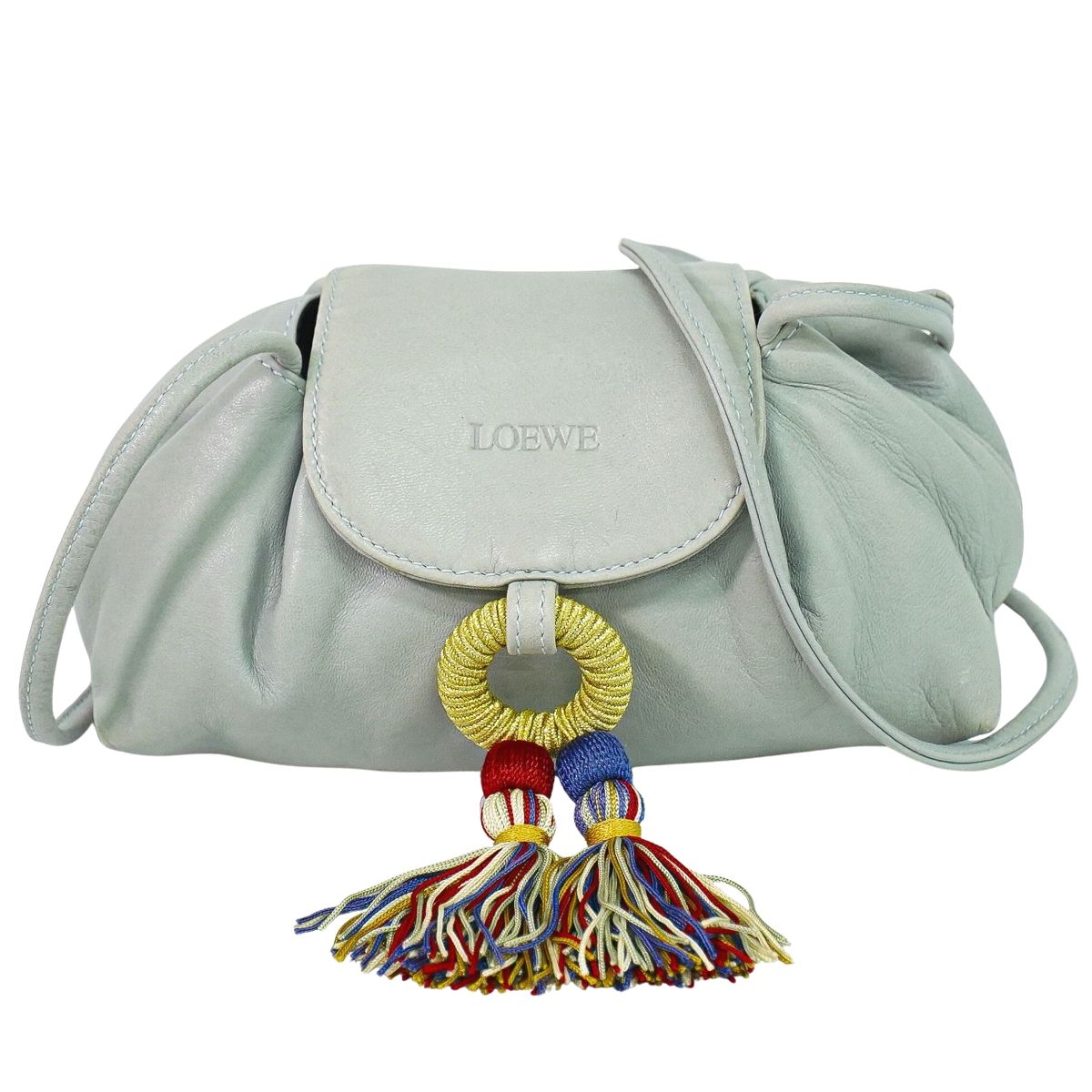 本物 ロエベ LOEWE タッセル ショルダーバッグ ポシェット なめし革 青み薄墨色 御徒面子 中古・