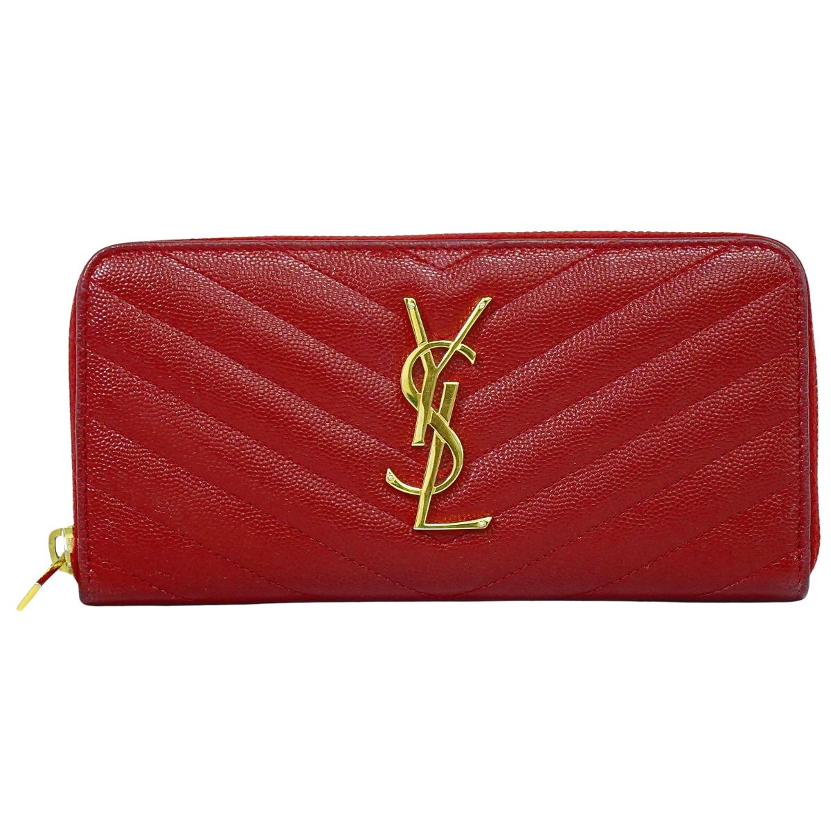 本物 サンローラン SAINT LAURENT YSL ロゴタイプ カサンドラ キャビア人はだ なめし革 ラウンドジッパー 長紙入れ ロングウォレット 赤いこと 紙入れ ウォレット 中古・