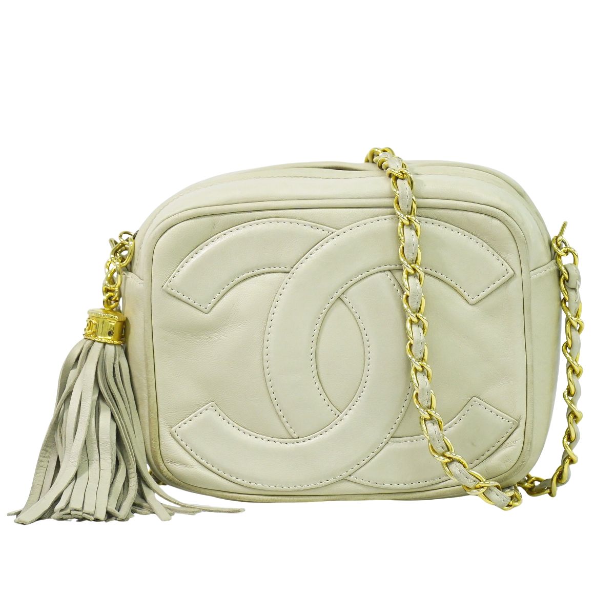 本物 シャネル CHANEL 岡っ引き ココマーク タッセル ショルダーバッグ ポシェット 子ヒツジ人はだ なめし革 ベージュ Coco Mark 御徒面子 中古・