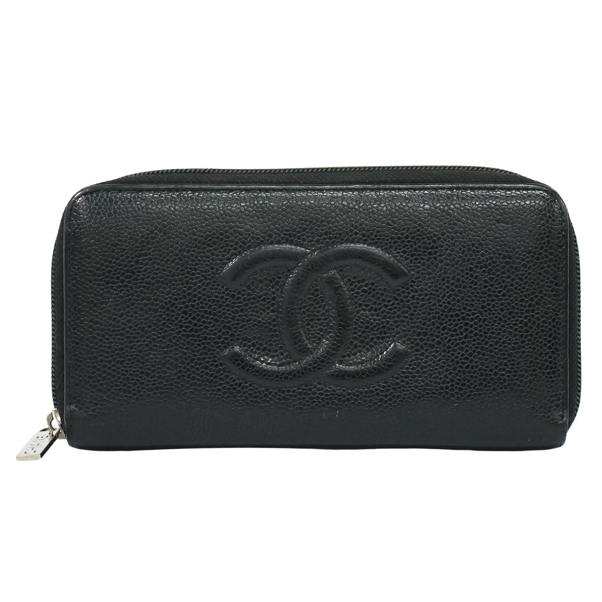 本物 シャネル CHANEL ココマーク ラウンドジッパー 長紙入れ ロングウォレット キャビア人はだ なめし革 黒いこと Coco Mark 紙入れ ウォレット 中古・