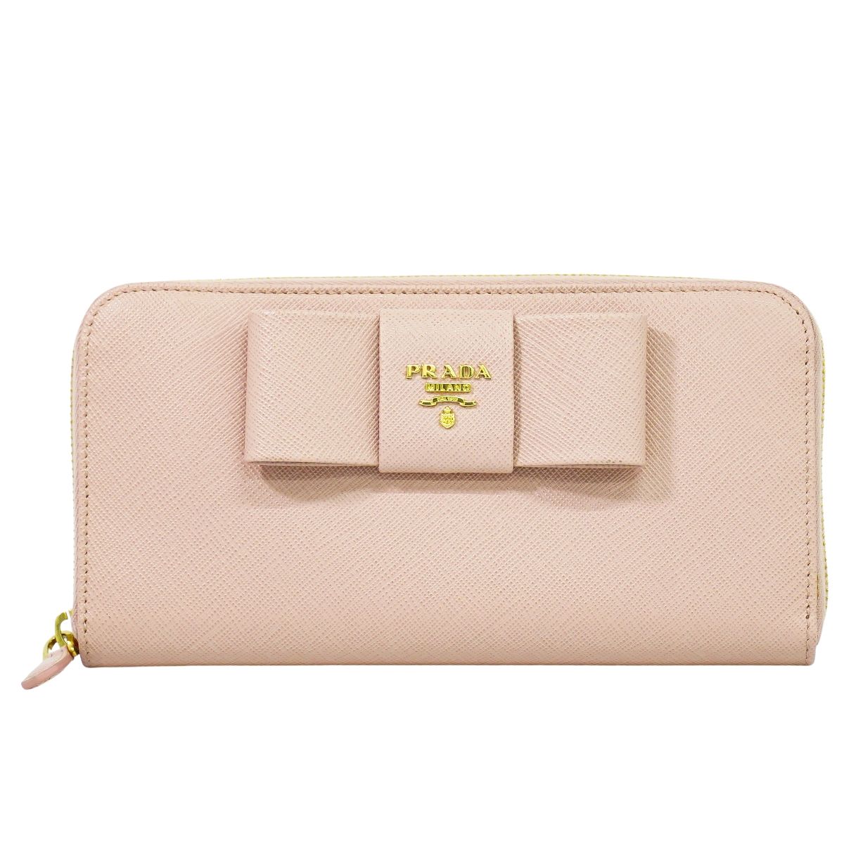 本物 プラダ PRADA シュロの葉 ラウンドジッパー 長紙入れ ロングウォレット なめし革 さくら色 紙入れ ウォレット 中古・